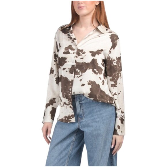 RACHEL ZOE Long Sleeve Button Up Satin Top With Classic Collar - Picture 1 of 2